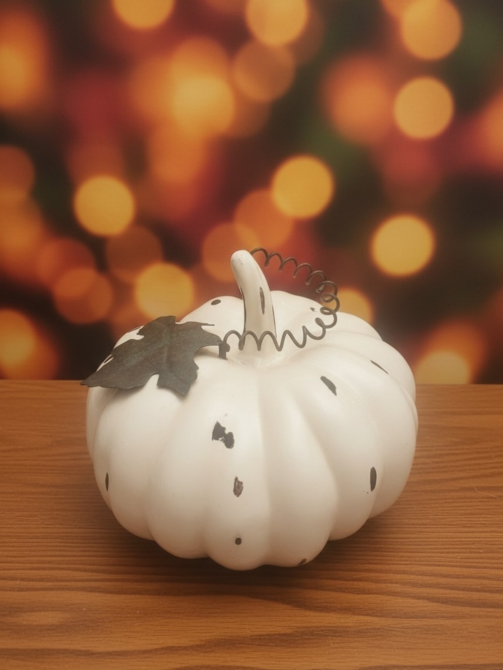 Rustic Cream Decorative Pumpkin with Metal Leaf & Coil Stem – Fall Autumn Decor